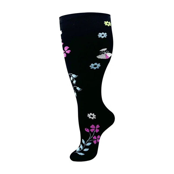 Pink Blossom Black Wide Calf Compression Socks