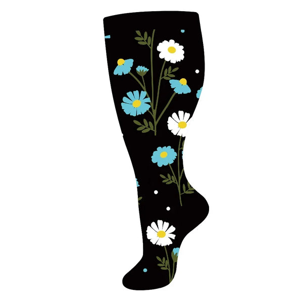 Daisy Black Wide Calf Compression Socks