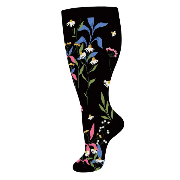 Wildflower Black Wide Calf Compression Socks
