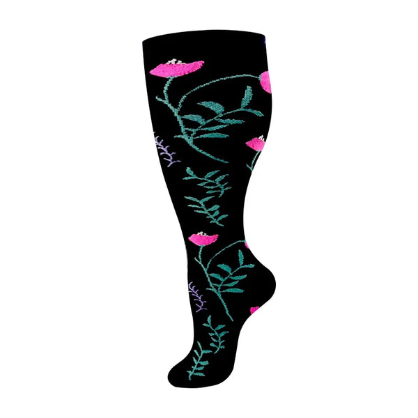 Teal Vine Black Wide Calf Compression Socks