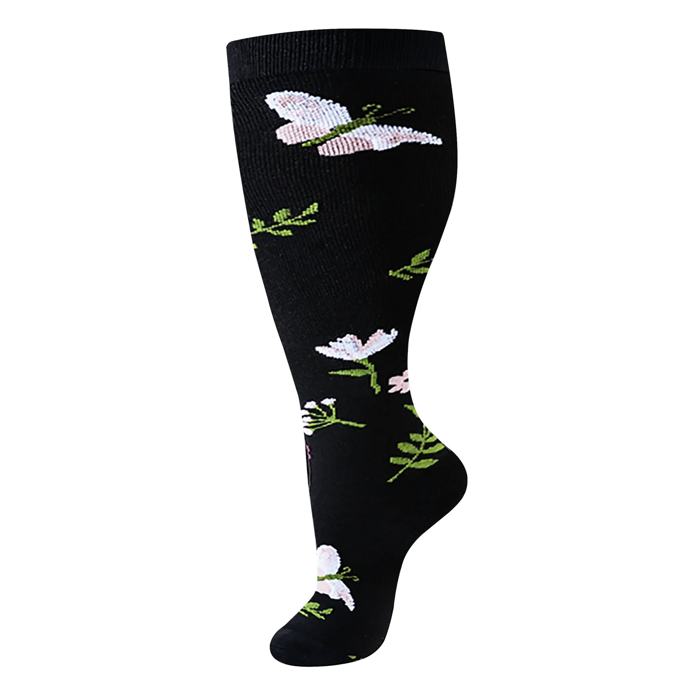 White Blossom Black Wide Calf Compression Socks