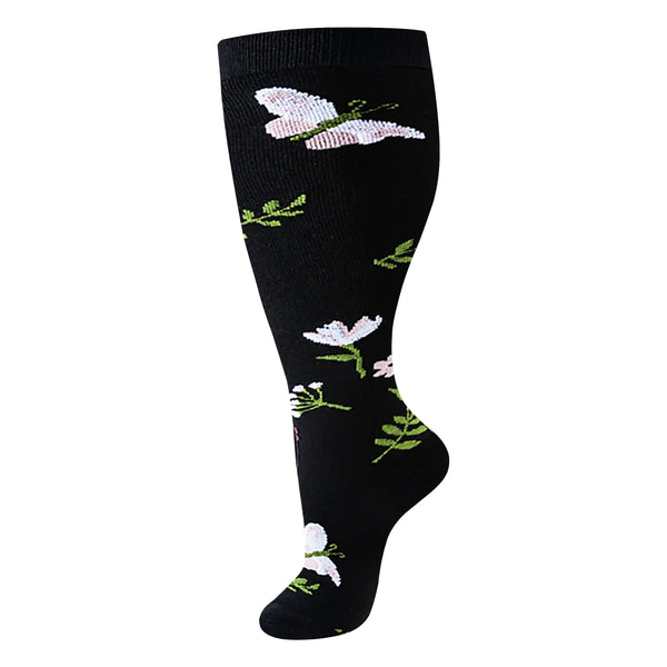 White Blossom Black Wide Calf Compression Socks