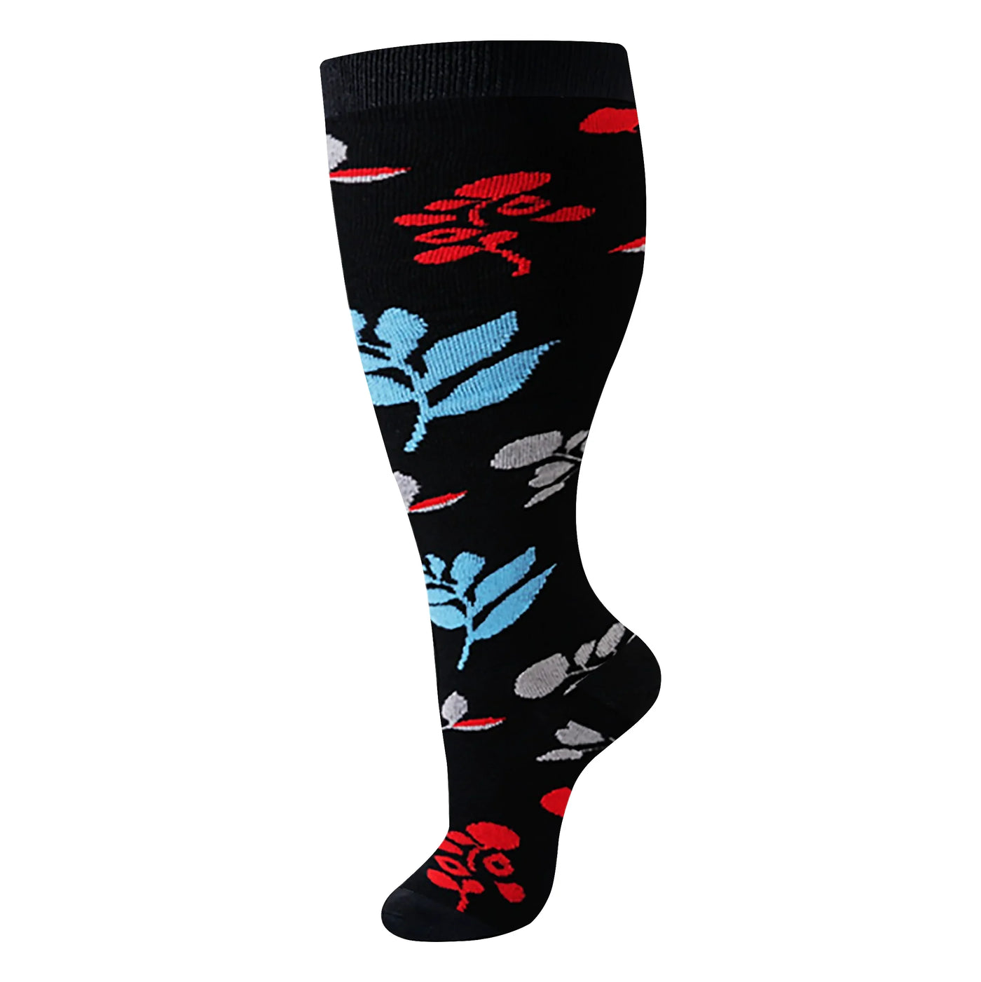 Blue Leaf Black Wide Calf Compression Socks